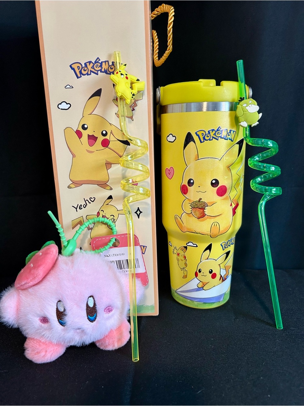 30oz Pokémon Pikachu Yellow Travel Tumbler with Spiral Straws & Kirby keychain